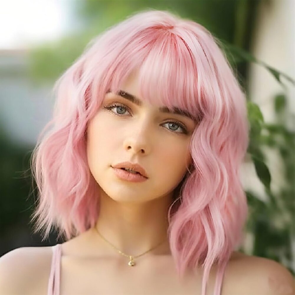Women's Pink 14 Inch Curly Synthetic Cosplay Bangs Short Bob Wavy Wigs